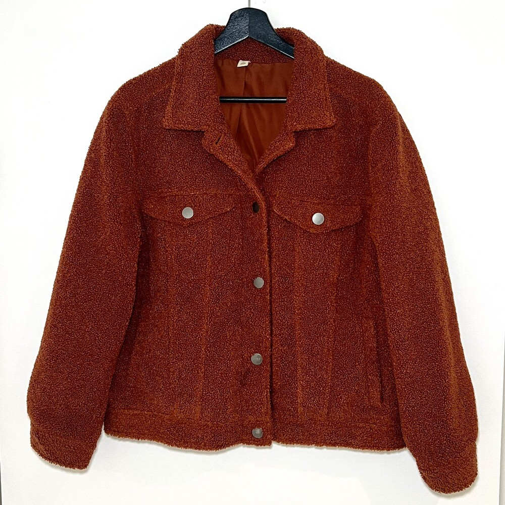BP Nordstrom Womens Teddy Bomber Jacket Orange Button Warm Thermal Sherpa Large